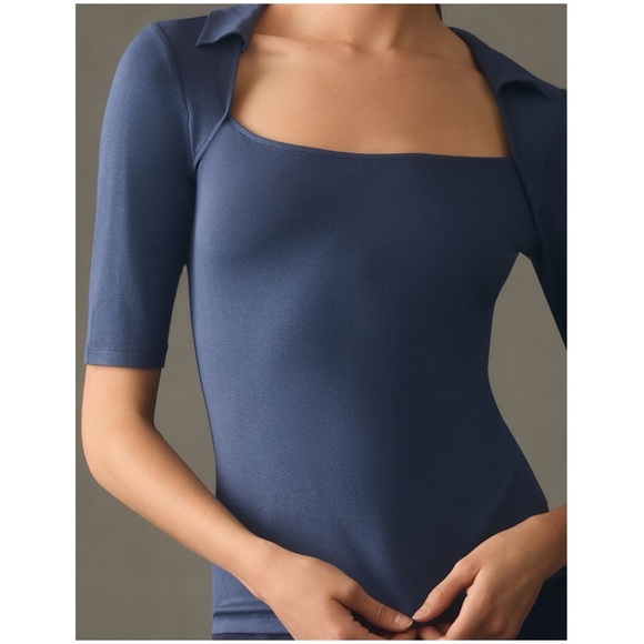 New by Anthropologie Collared Square Neck Tee Top Blouse Size Small navy blue - Picture 5 of 6